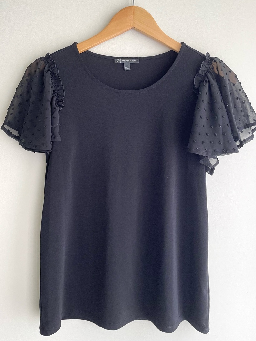 Adrianna Papell Black Ruffle Sleeve Crew Neck Office Work Casual Blouse